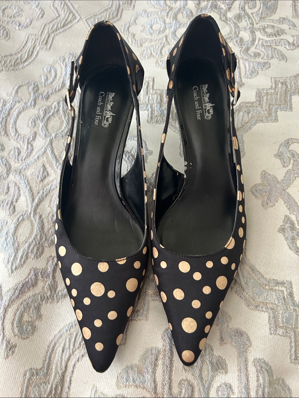 Coach and Four Black Slingback Pumps with Gold Polka Dots